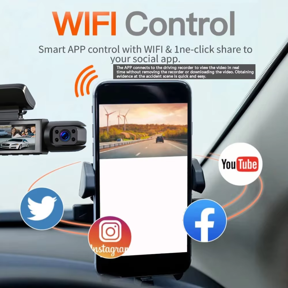 كاميرا داش مزدوجة 1080P WIFI للسيارات، أمامي وداخل، 4